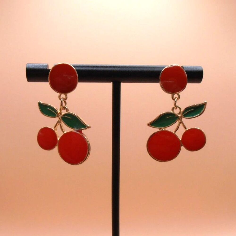 Kuru Store Red Cherry Drop Dangle Alloy Enamel Post Earrings
